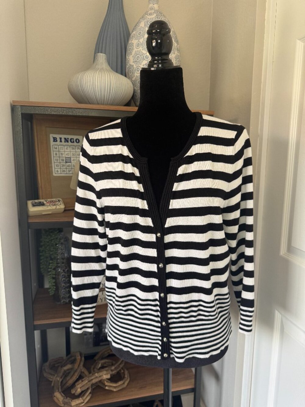 White House Black Market Black & White Striped Cardi w/Silver Buttons - Sz XL